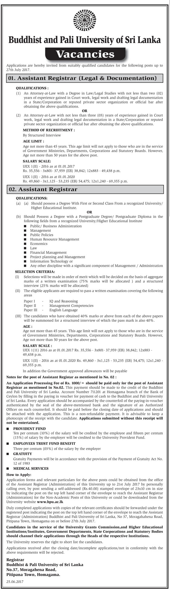 Assistant Registrar (Legal & Documentation), Assistant Registrar - Buddhist & Pali University